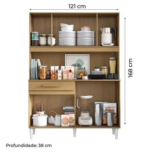 Armário de cozinha 6 portas e 1 gaveta, com nichos abertos em freijó, medidas 121x168x38 cm, vista frontal.
