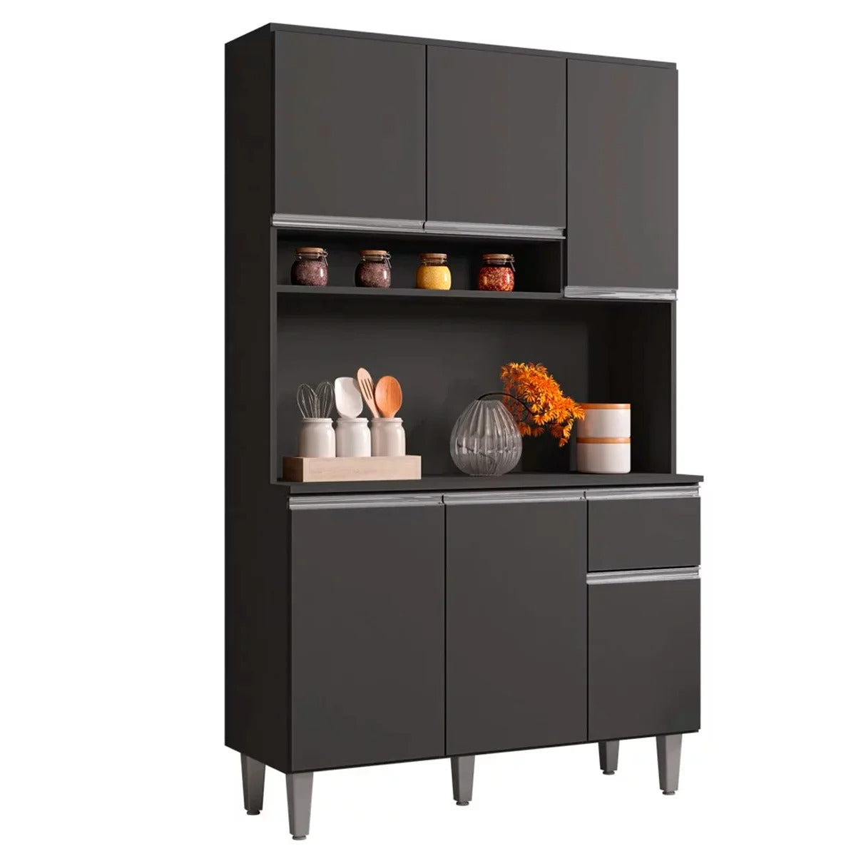 Armário de cozinha compacto preto fosco com 7 portas, 1 gaveta e nicho central, estilo moderno com pés altos.