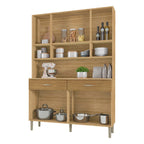 Armário de cozinha 8 portas e 2 gavetas com prateleiras internas de madeira e vidro, mostrando organização.