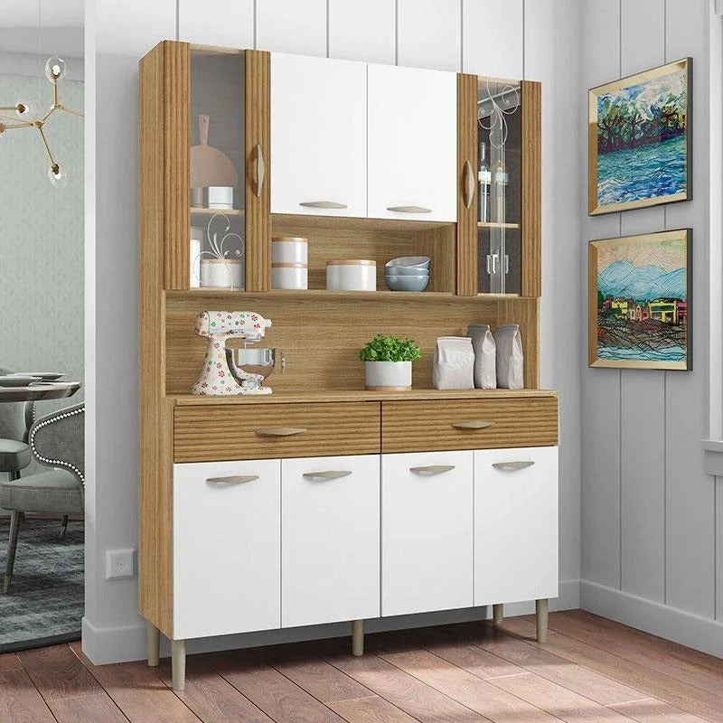 Armário de cozinha branco com portas de vidro e detalhes amadeirados, foto em ambiente decorado moderno.