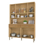 Armário de cozinha em madeira com prateleiras abertas, duas gavetas e espaço para utensílios, vista frontal.