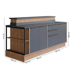 Bancada gourmet cinza com tampo preto e detalhes em madeira clara, imagem com medidas de altura, largura e profundidade.