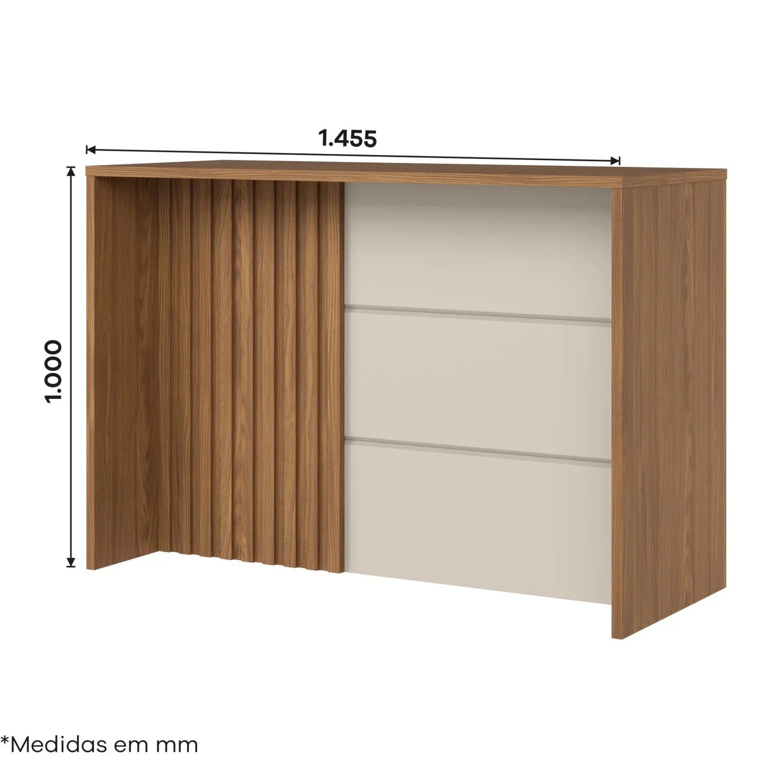 Bancada ripada em MDF freijó com painel off-white; imagem com medidas 1455 × 1000 mm.