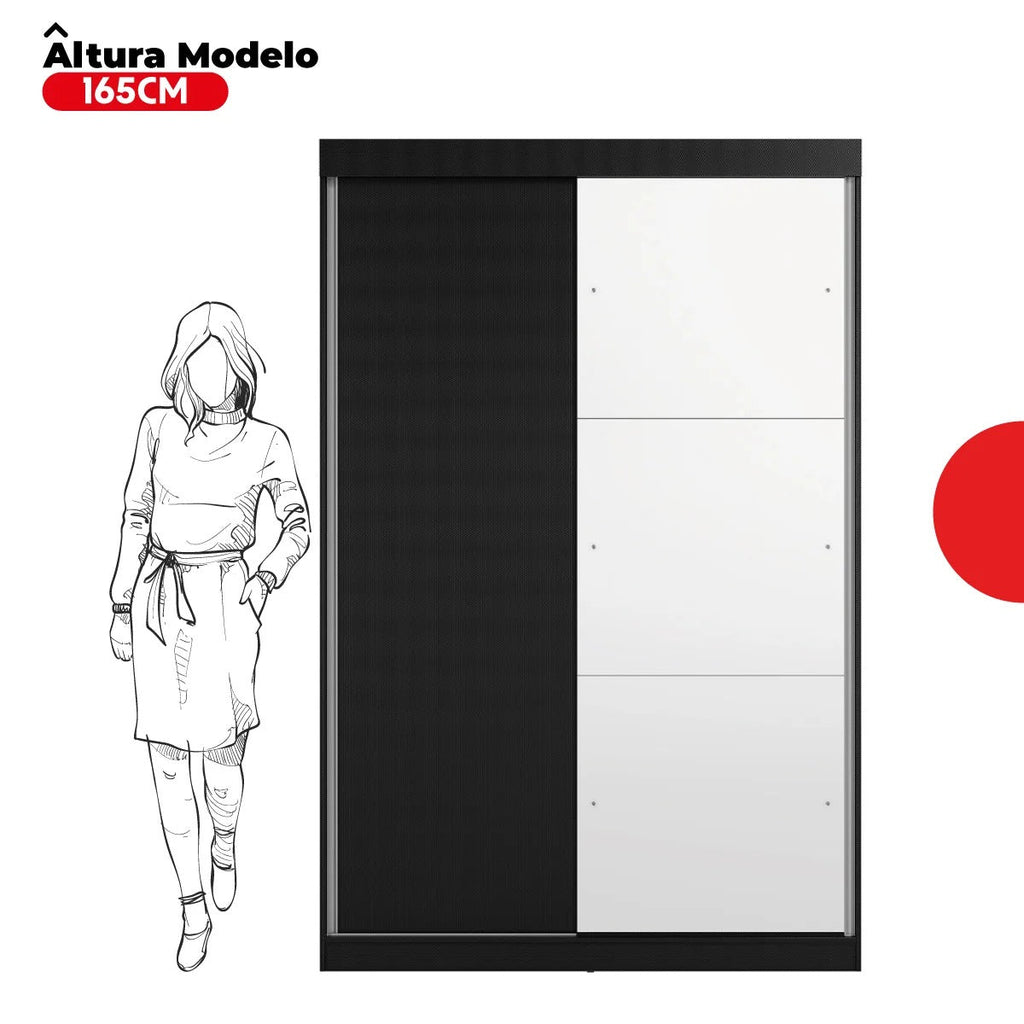 Guarda-roupa 2 portas de correr preto e branco com comparação de altura modelo 165cm.