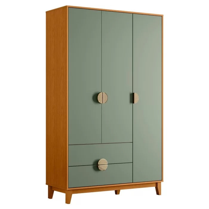 Guarda-roupa retrô verde com 3 portas e 2 gavetas, estrutura em madeira e puxadores redondos.