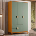 Guarda-roupa retrô verde com 3 portas e 2 gavetas em madeira, estilo moderno decorando quarto.