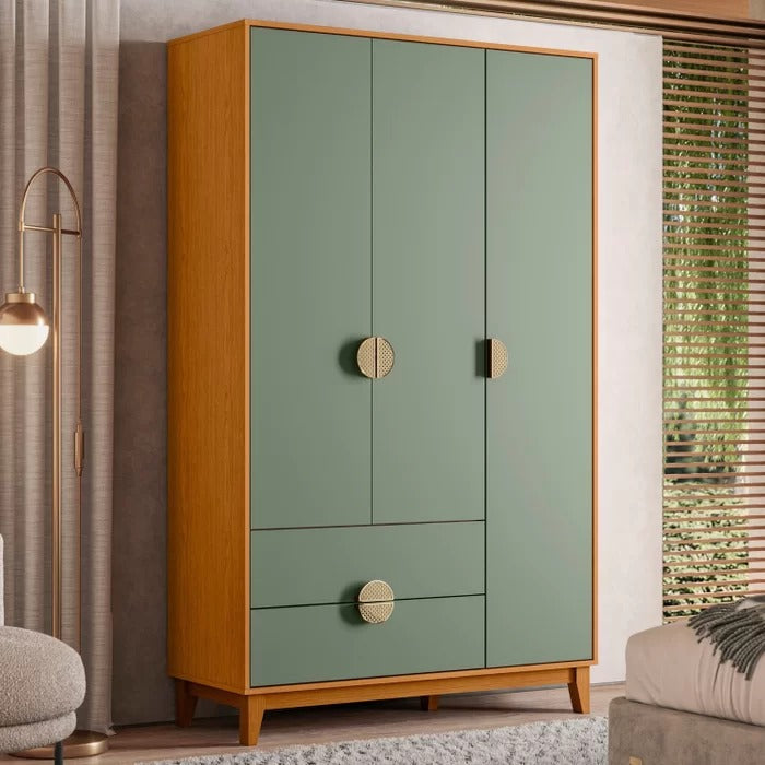 Guarda-roupa retrô verde com 3 portas e 2 gavetas em madeira, estilo moderno decorando quarto.