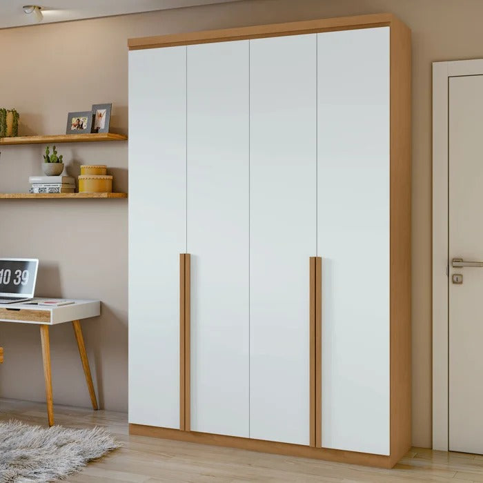 Guarda-roupa 4 portas branco com puxadores em madeira e design moderno para quarto