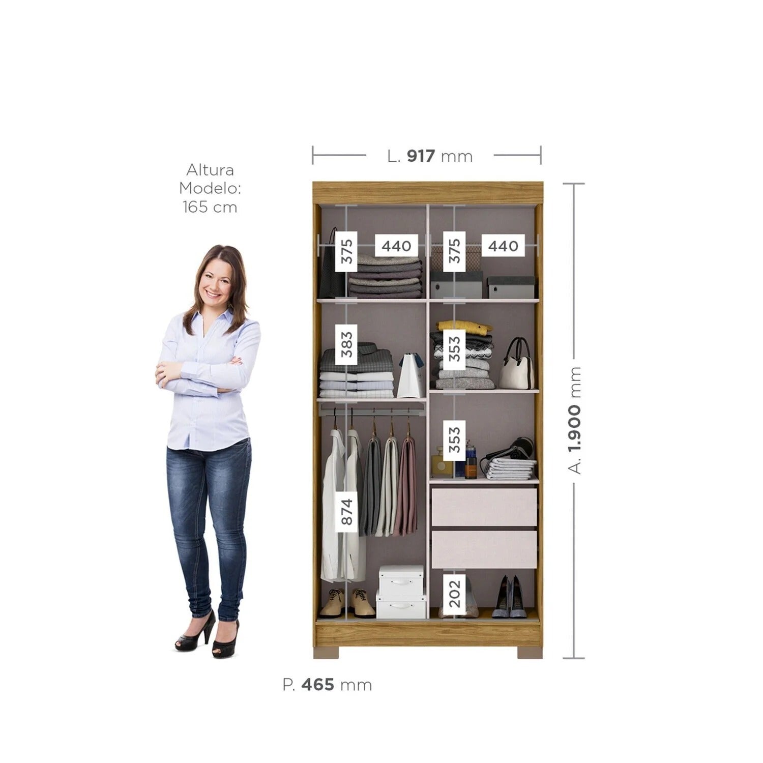 Guarda-roupa de casal com 2 portas de correr, medidas de 190 cm de altura, 91 cm de largura e 46 cm de profundidade, com divisórias e gavetas internas.