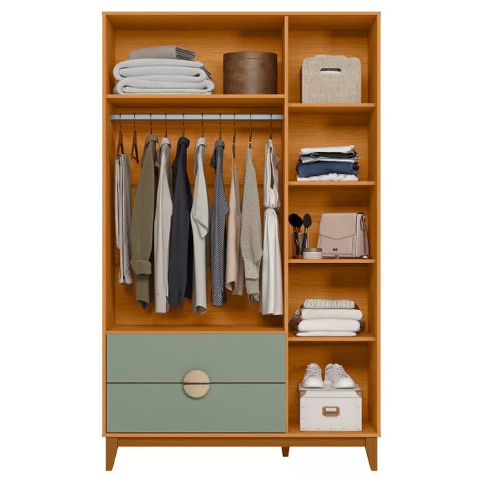 Guarda-roupa retrô verde com 3 portas e 2 gavetas em madeira.