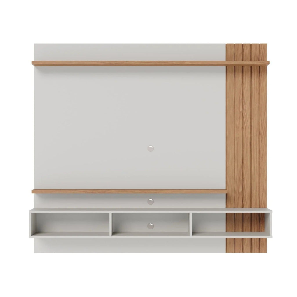 Painel para TV em madeira e branco com prateleiras e nichos organizadores