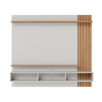 Painel para TV em madeira e branco com prateleiras e nichos organizadores