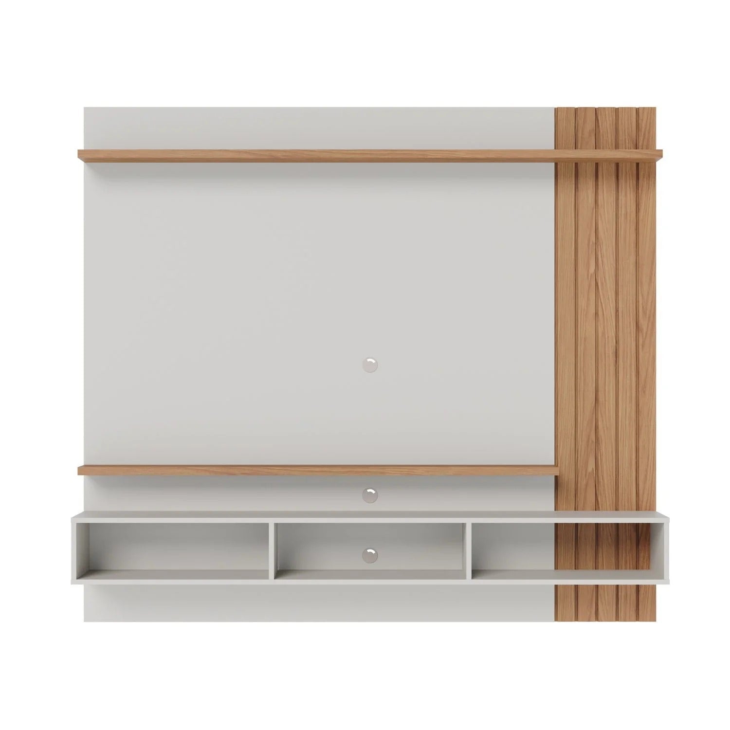 Painel para TV em madeira e branco com prateleiras e nichos organizadores