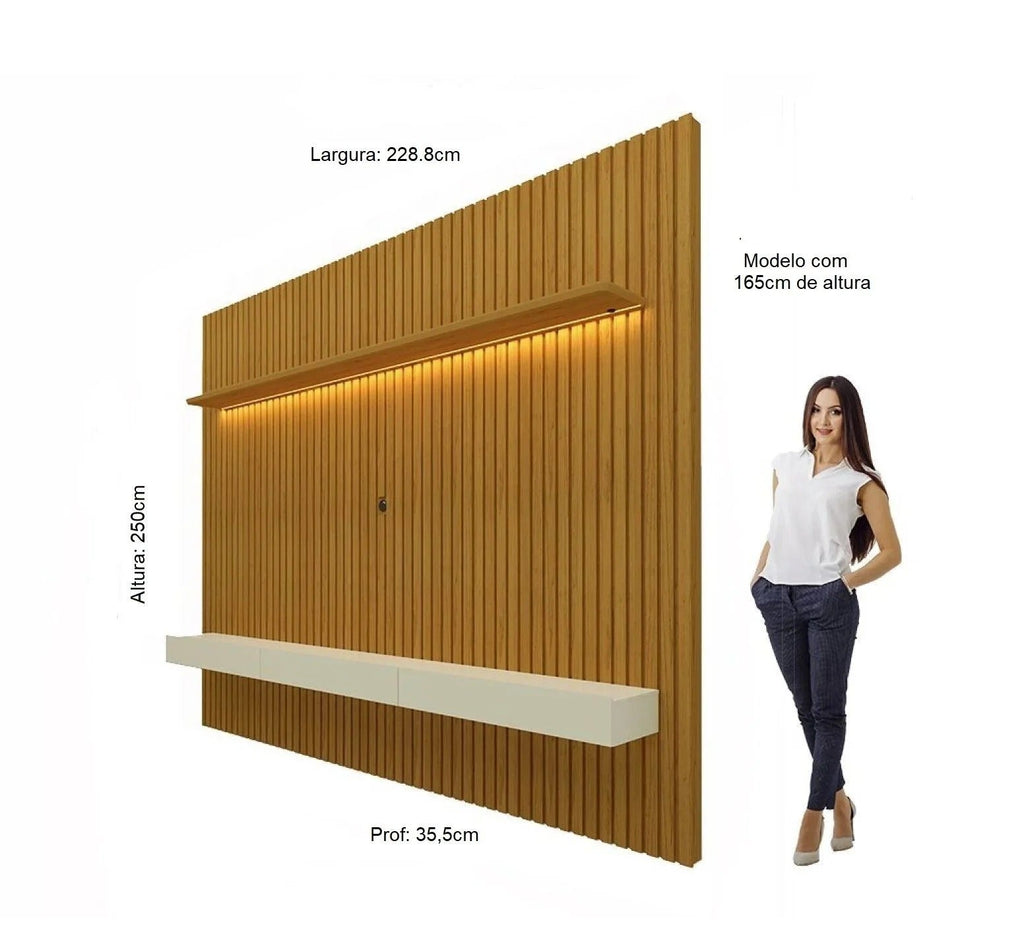Painel ripado de madeira para TV com LED e balcão off white, medidas altura 250 cm, largura 228,8 cm e profundidade 35,5 cm