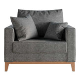 Poltrona Beny Pés e Base em Madeira com Revestimento em Linho Cinza