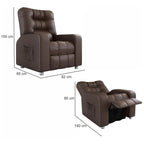 Poltrona reclinável em couro sintético marrom com medidas em centímetros nas posições fechada e reclinada