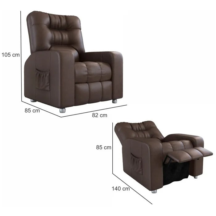 Poltrona reclinável em couro sintético marrom com medidas em centímetros nas posições fechada e reclinada
